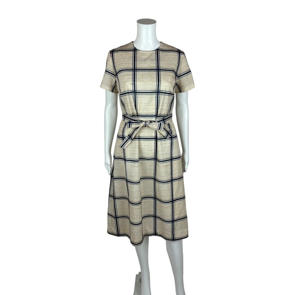 Vintage 70s Polyester Dress Women's Medium Striped Plaid Blue Cream Shift